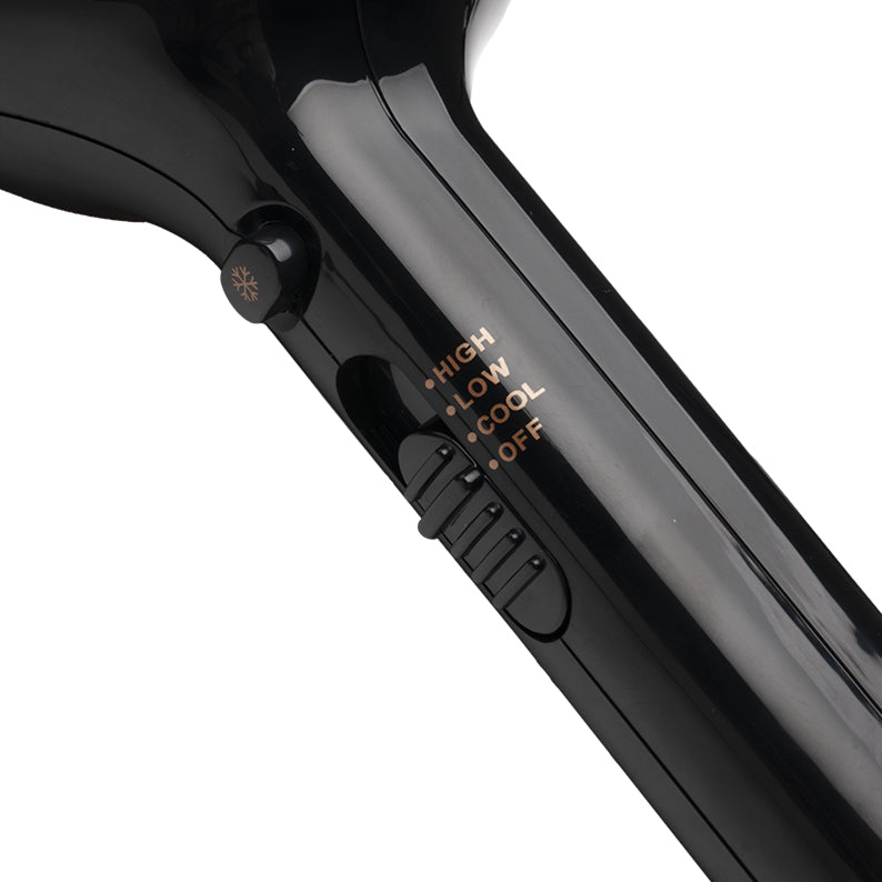 ANNIE black ceramic ionic hair dryer handle showing high low cool off settings and cool shot button