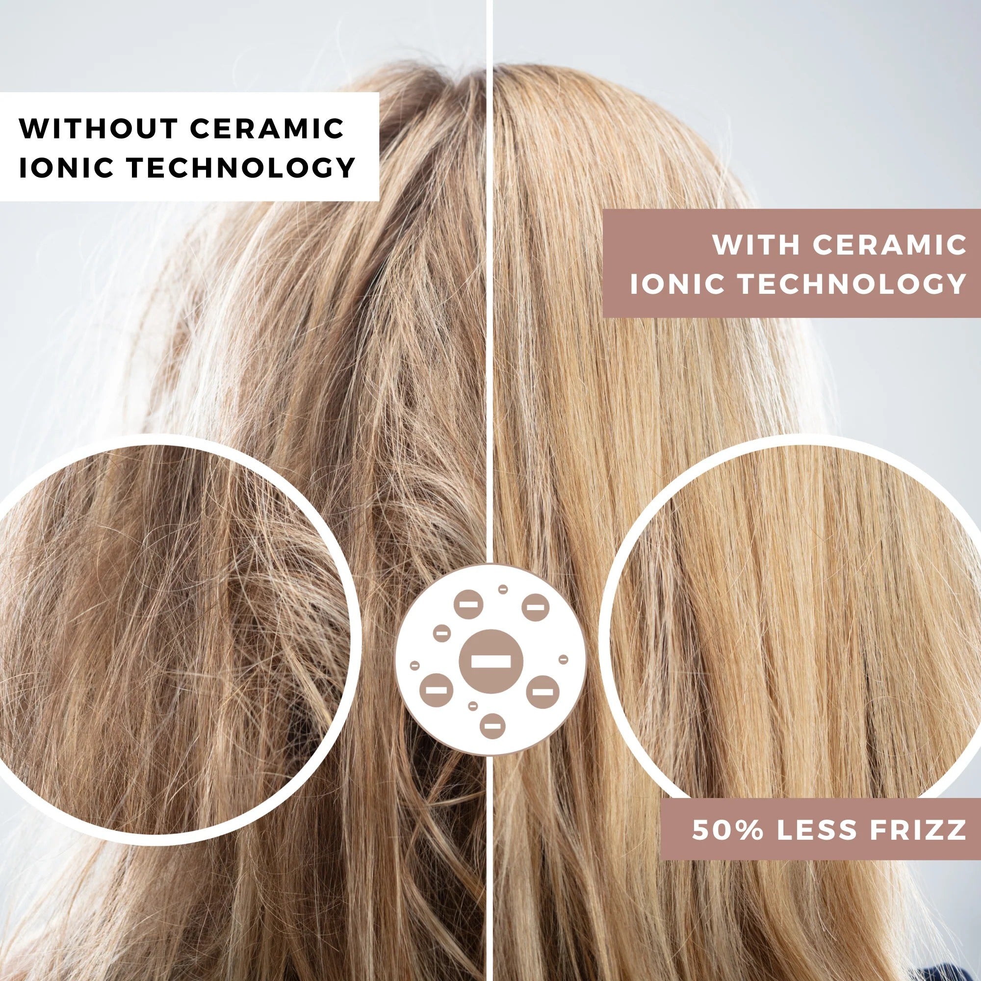 ceramic pro turbo hair styler dryer split image before and after showing frizzy left and smooth right 50 percent less frizz