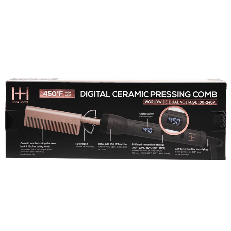 ANNIE digital ceramic pressing comb in black and rose gold packaging showing digital display and temperature