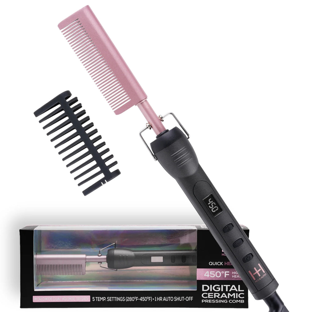ANNIE digital ceramic pressing comb hair straightener with pink heated comb, LCD display and extra comb accessory
