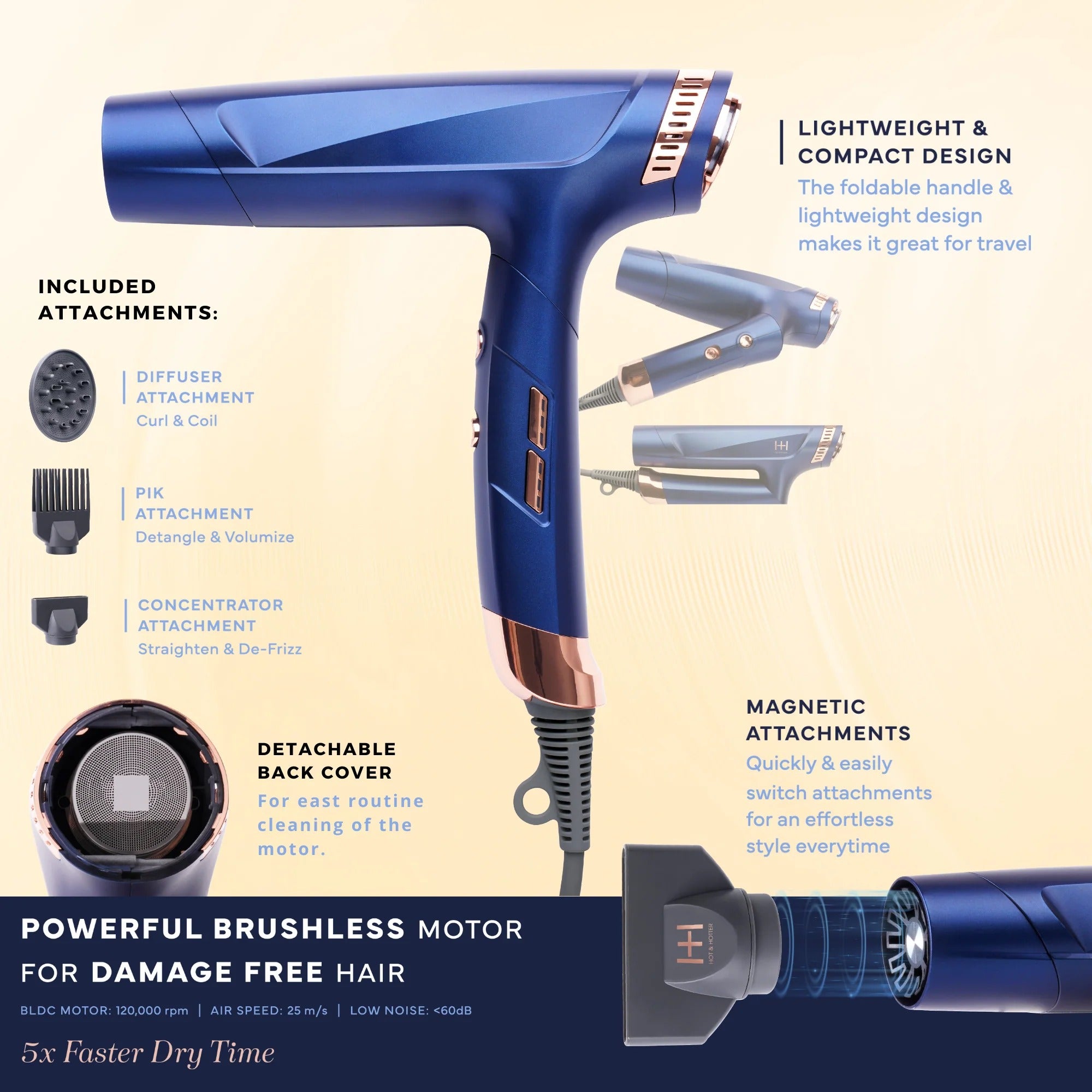ANNIE foldable brushless hair dryer in metallic blue with foldable handle and magnetic attachments