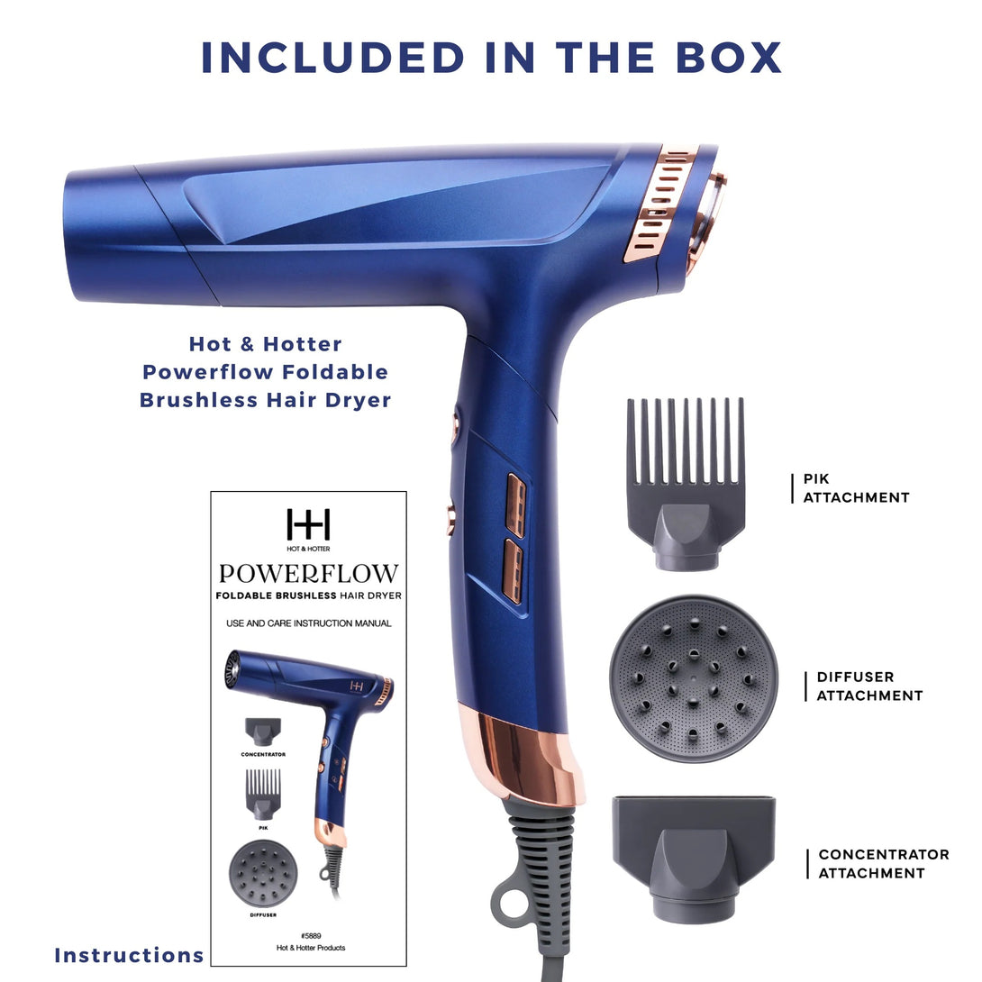 ANNIE blue foldable brushless hair dryer with concentrator diffuser pick attachments and instruction manual