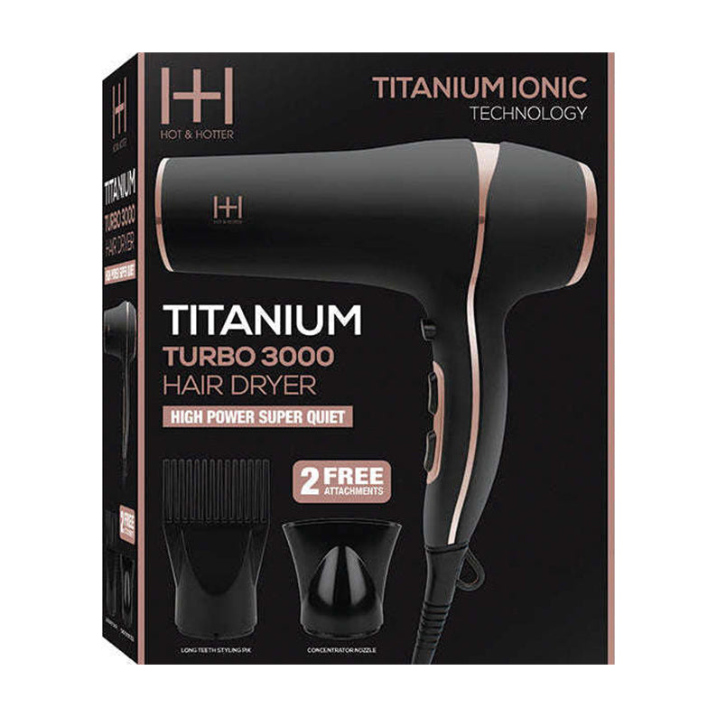 ANNIE titanium turbo 3000 hair dryer in black with rose gold trim boxed set showing two attachments