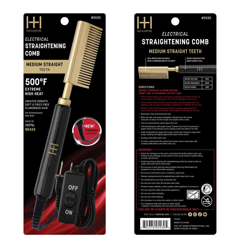 ANNIE electric straightening hot comb packaging showing black and gold comb 500F medium straight teeth with corded on off switch