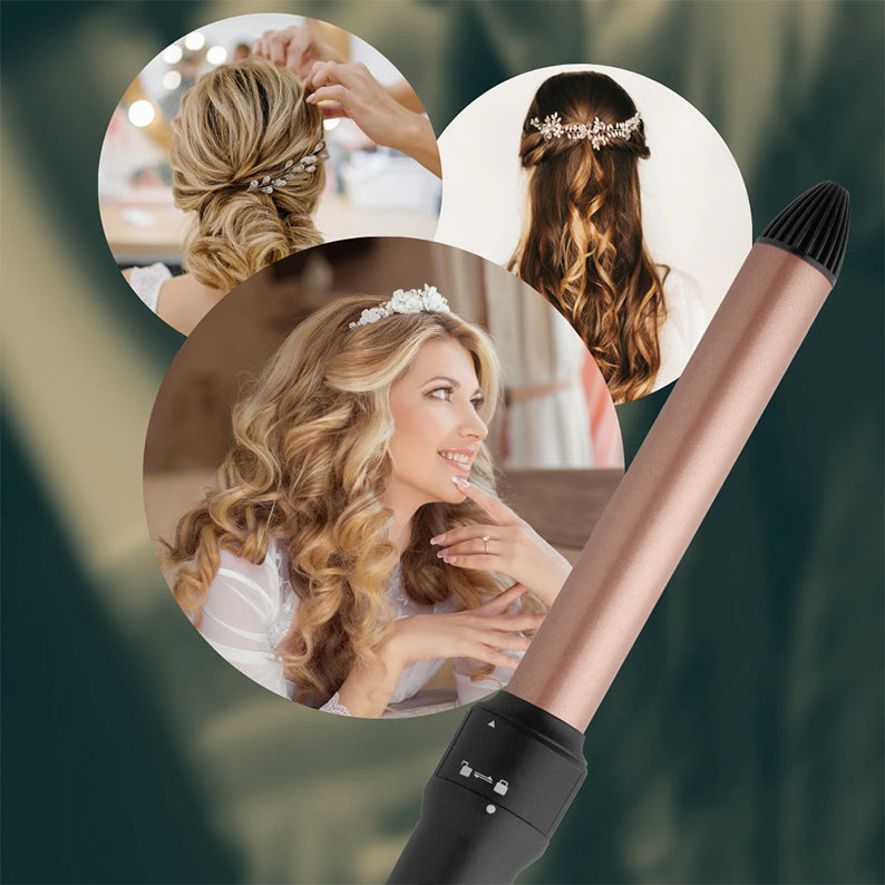 ANNIE heated straightening brush rose gold styling tool with bridal curls and updo hairstyle examples