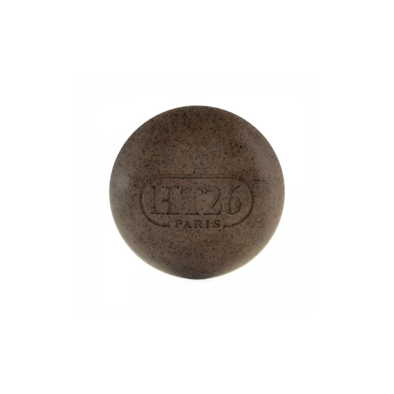 HT26 scrubbing soap round brown exfoliating bar with natural speckles and HT26 Paris embossing