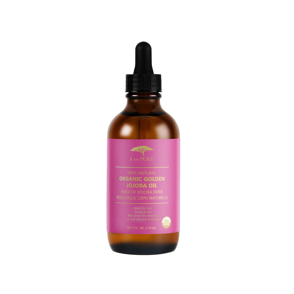 I AM PURE amber glass dropper bottle of organic golden jojoba oil with pink label for hair care