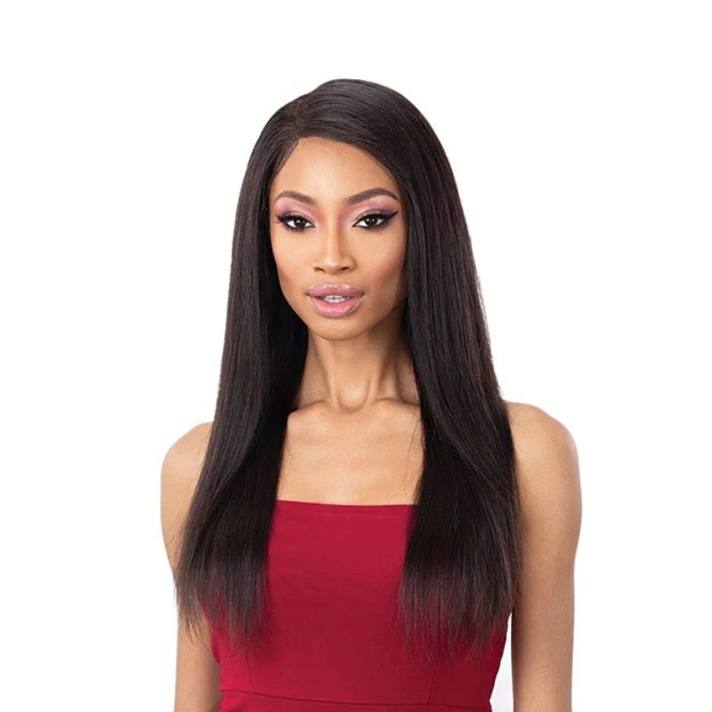 SHAKE N GO model wearing a sleek long natural human hair straight lace closure in dark brown