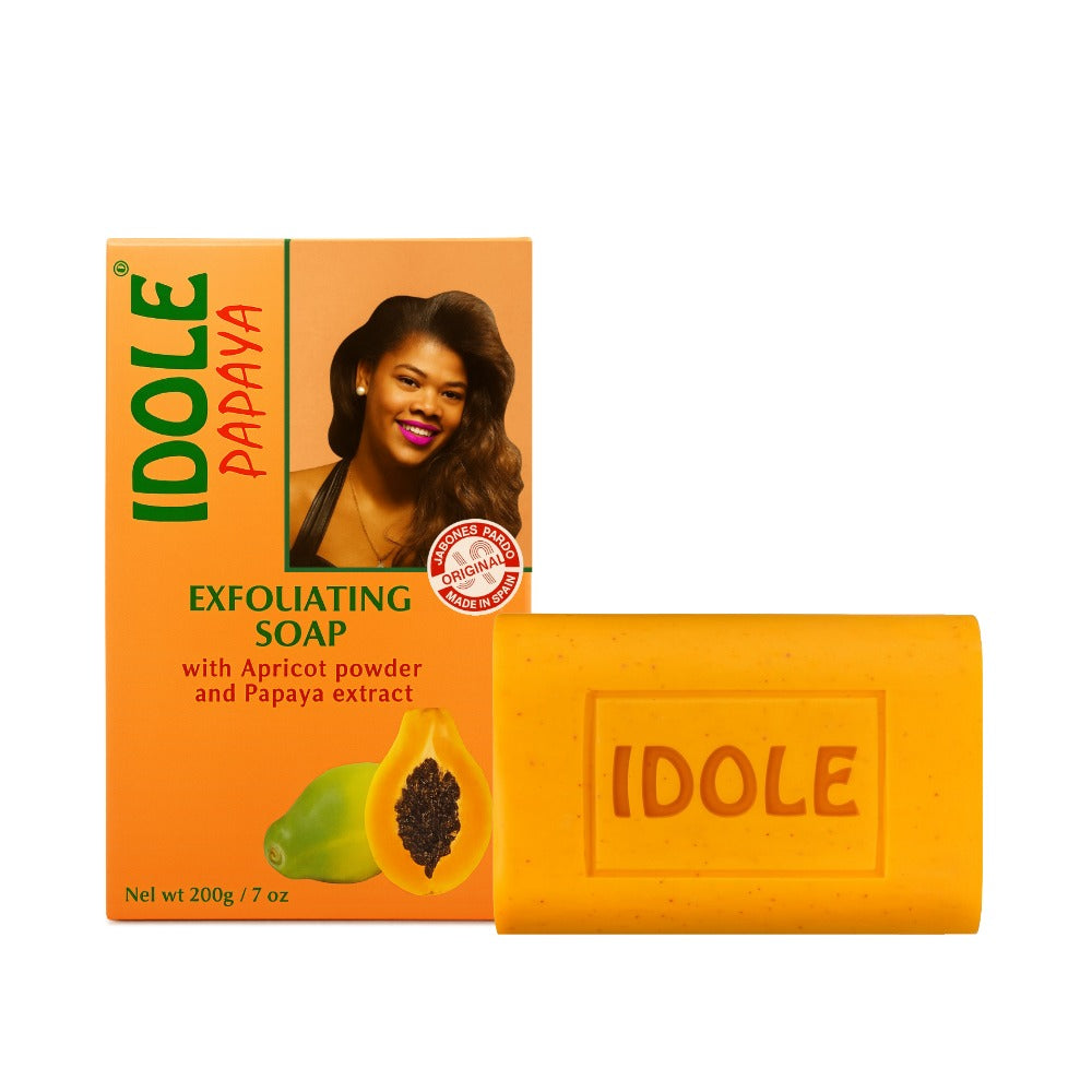 IDOLE papaya exfoliating soap orange bar and box with papaya image and apricot powder extract for brightening skin