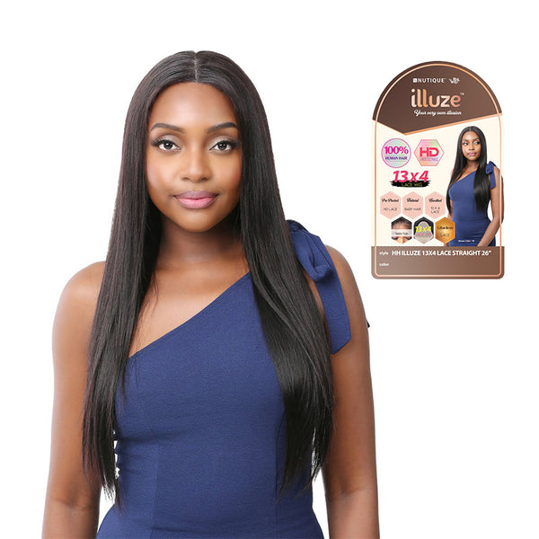 ITS A WIG long straight center part 13x4 lace 26 inch model wearing 100 percent human hair lace wig in natural black