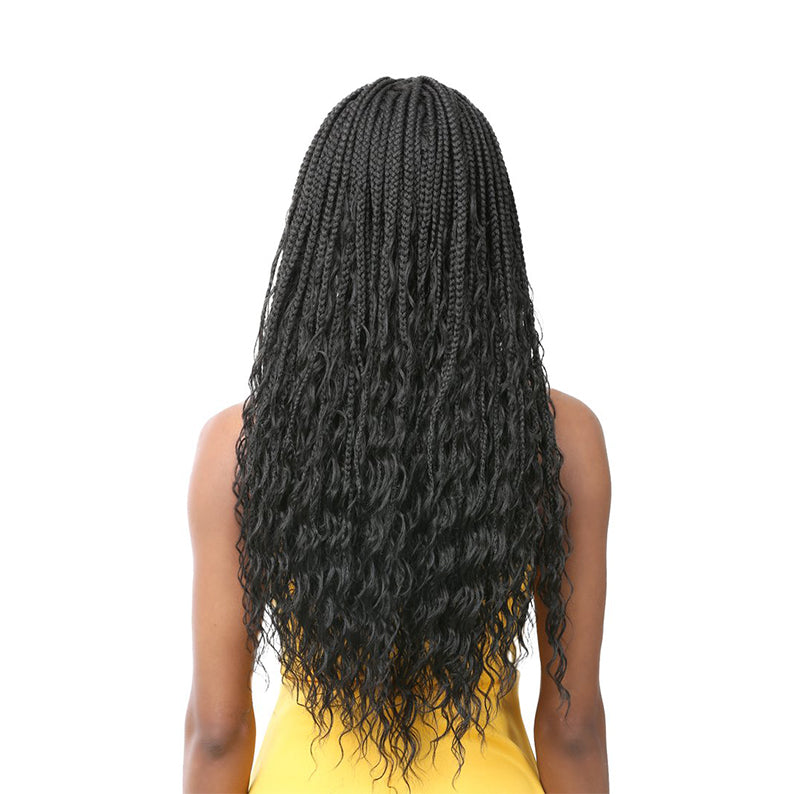 4x4 lace front boho box wig long black braids with wavy ends shown on model back view