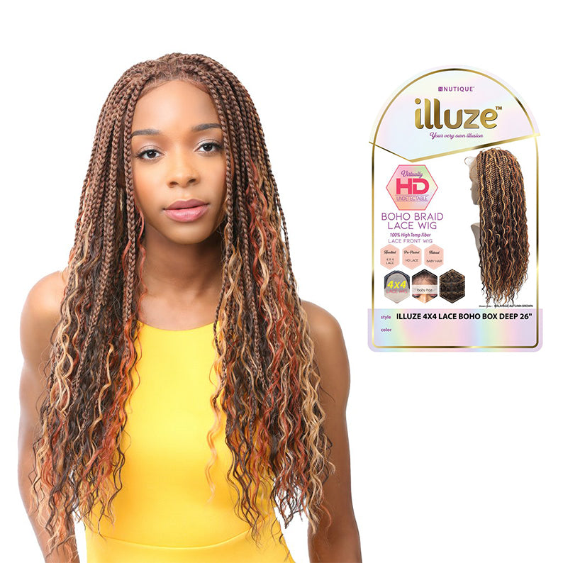 Model wearing 4x4 lace front boho box wig with long caramel and honey highlighted braids and wavy ends