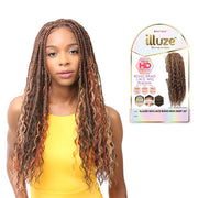 Model wearing 4x4 lace front boho box wig with long caramel and honey highlighted braids and wavy ends