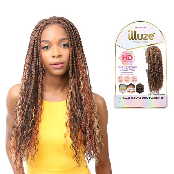 Model wearing 4x4 lace front boho box wig with long caramel and honey highlighted braids and wavy ends