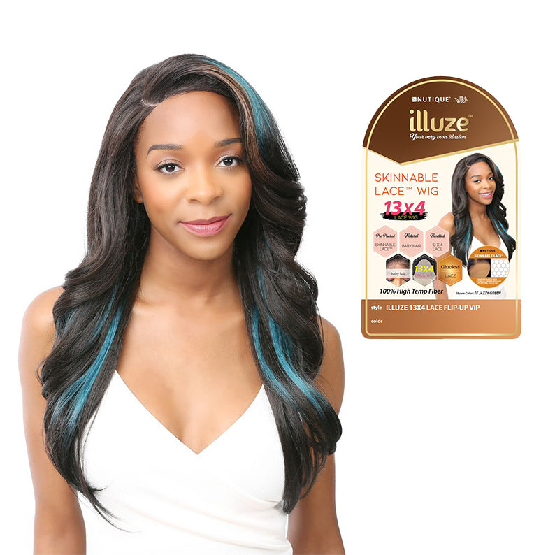 ITS A WIG premium synthetic lace front wig long dark brown waves with teal highlights and natural hairline