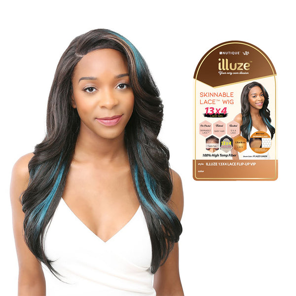 ITS A WIG premium synthetic lace front wig long dark brown waves with teal highlights and natural hairline