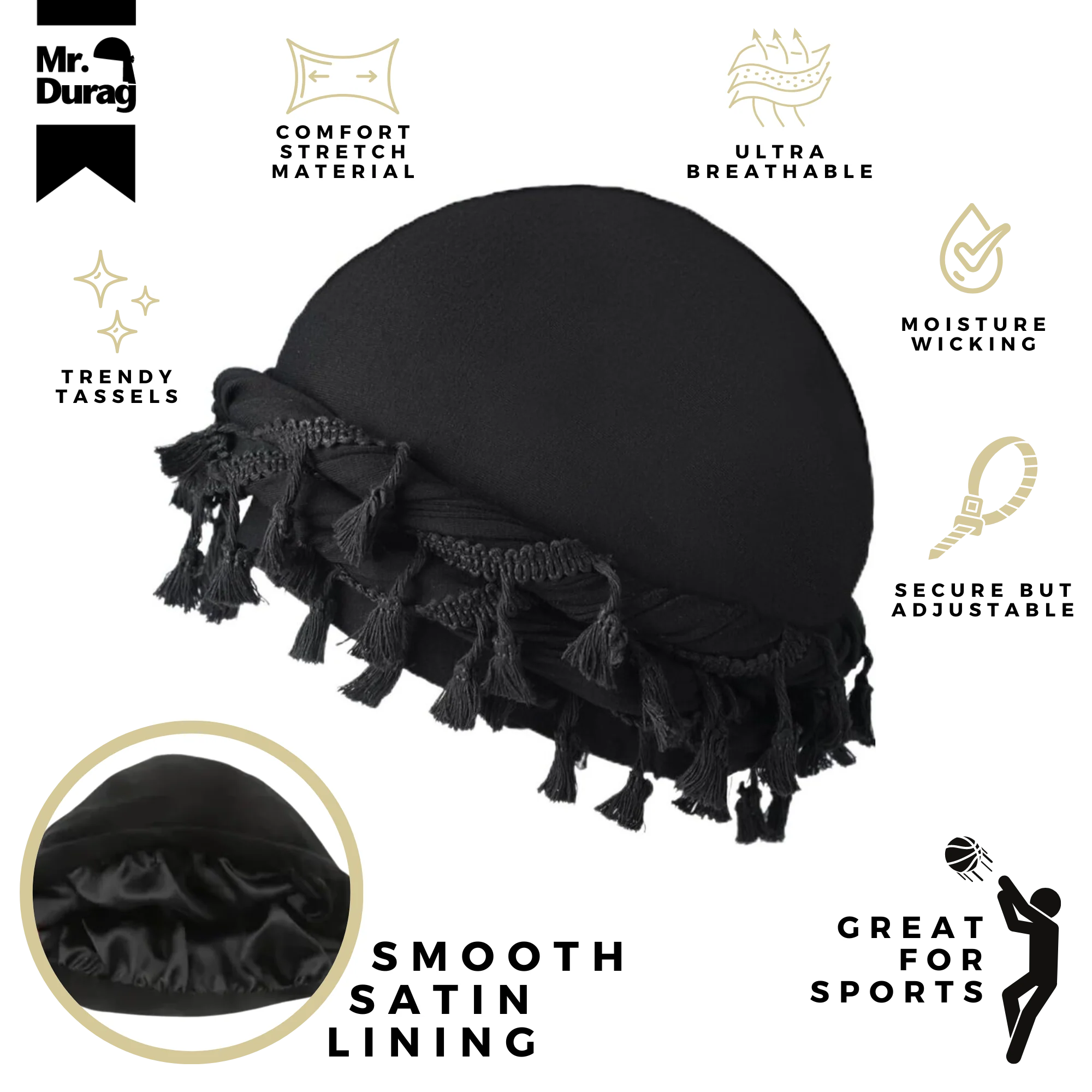Turban couronne en élasthanne soyeux avec pompon [Noir] #04352