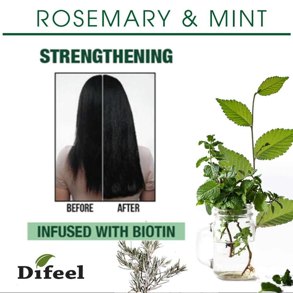 Difeel rosemary mint hair mask with biotin jar and strengthening before after hair results with rosemary sprigs