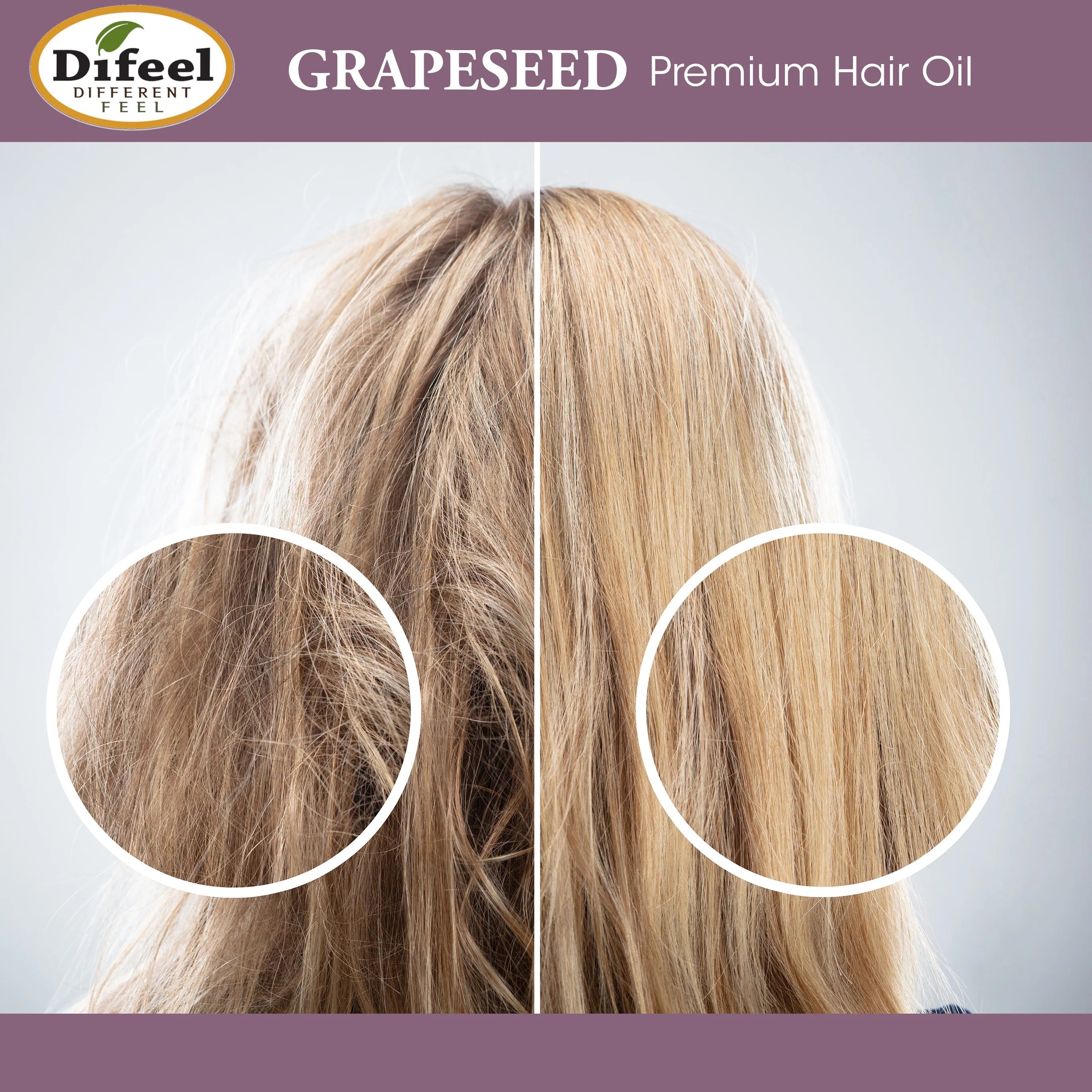 DIFEEL grapeseed hair oil before and after split image showing frizzy hair transformed to smooth shiny hair