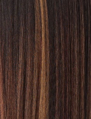 SENSATIONNEL synthetic up and down ponytail wig straight brown with caramel highlights close up