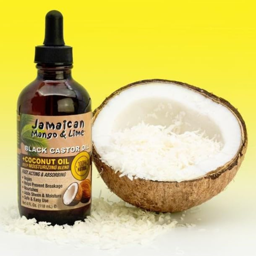 Jamaican black castor oil coconut in a bottle with a halved coconut showing shredded coconut inside