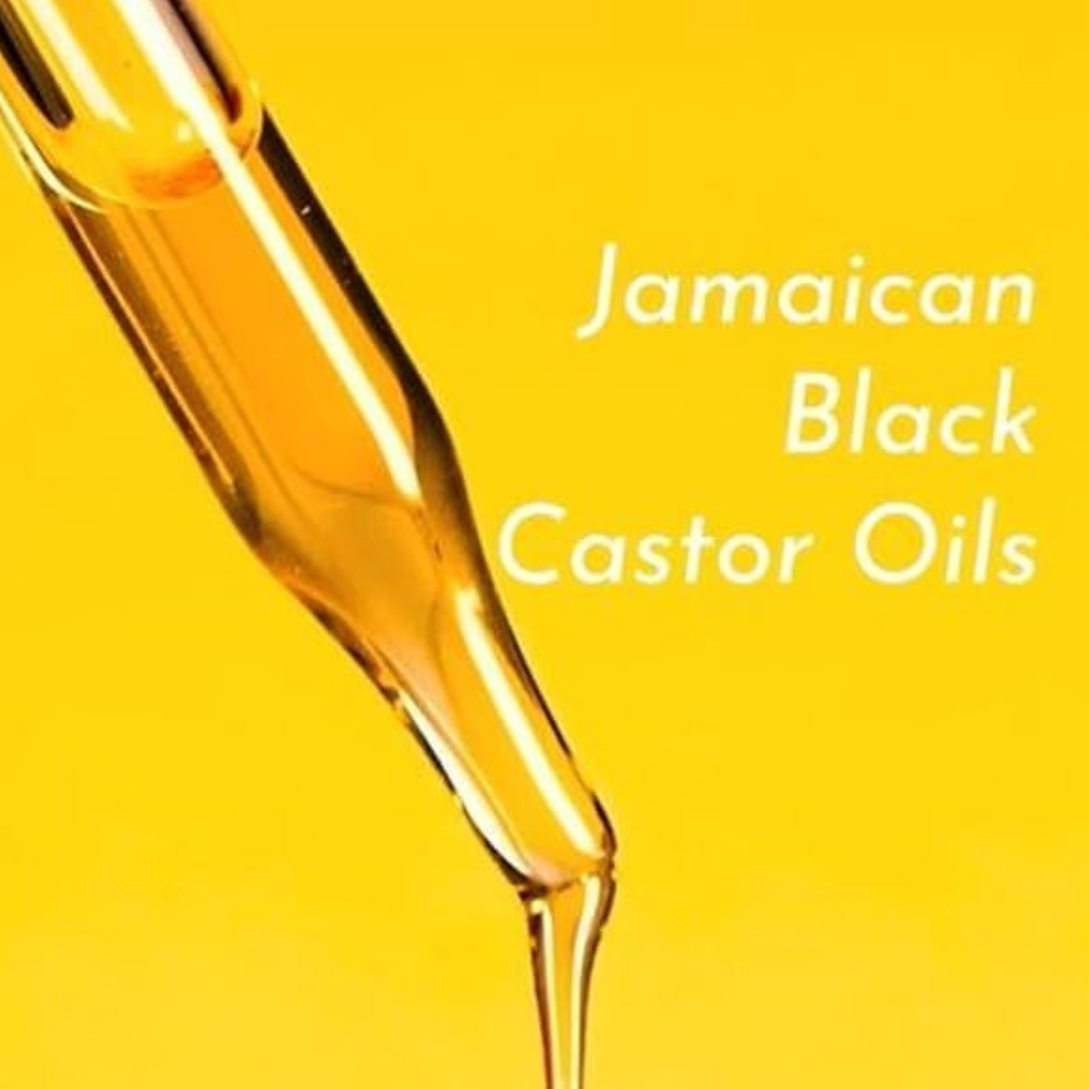 Jamaican black castor oil coconut in a dropper bottle against a bright yellow background