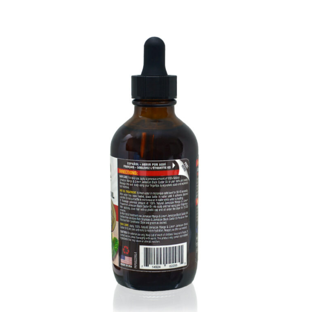 Jamaican Mango and Lime Jamaican black castor oil peppermint amber glass dropper bottle showing label and directions on back
