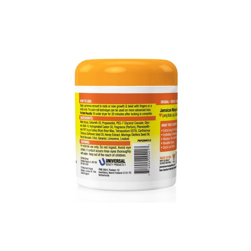 Jamaican Mango & Lime Extra Hold Locking Wax for locs in a white jar with orange lid and ingredient details