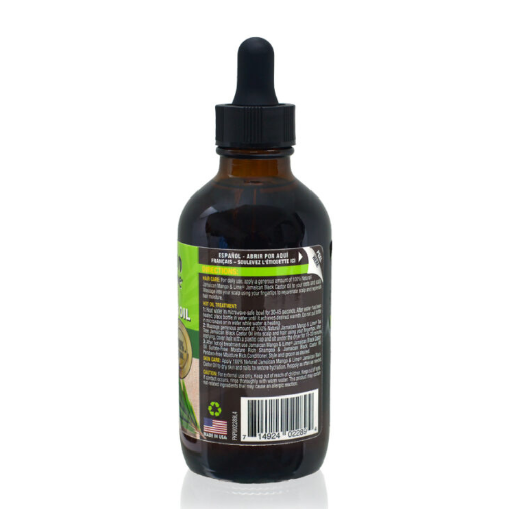 Jamaican Mango and Lime brown glass dropper bottle back label for Jamaican black castor oil tea tree hair care
