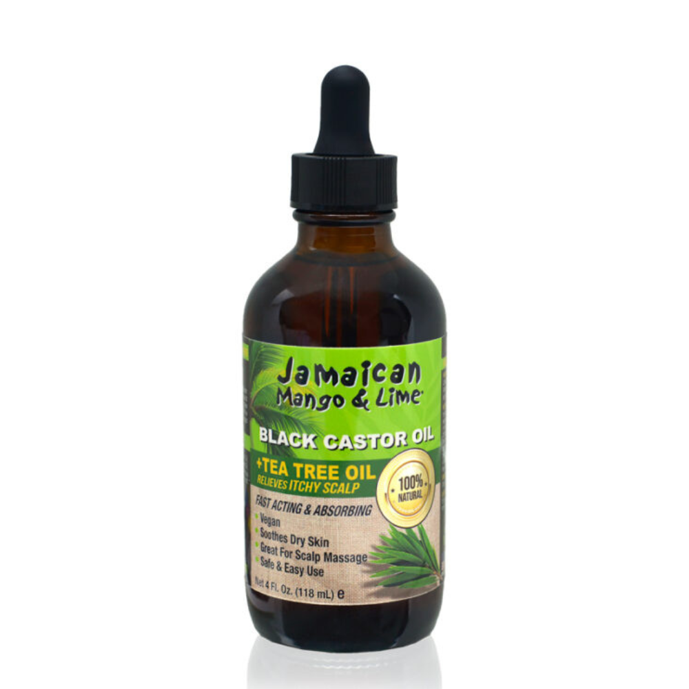 Jamaican Mango and Lime brown dropper bottle of Jamaican black castor oil tea tree for scalp and hair care