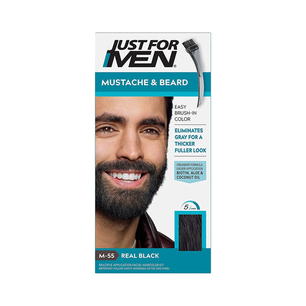Packaging of just for men mustache and beard dye kit Real Black with smiling man, brush applicator and color swatch