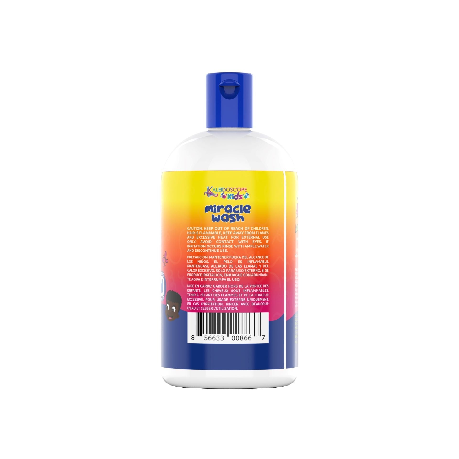KALEIDOSCOPE miracle wash detangling shampoo white bottle with blue flip cap colorful gradient kids label back view