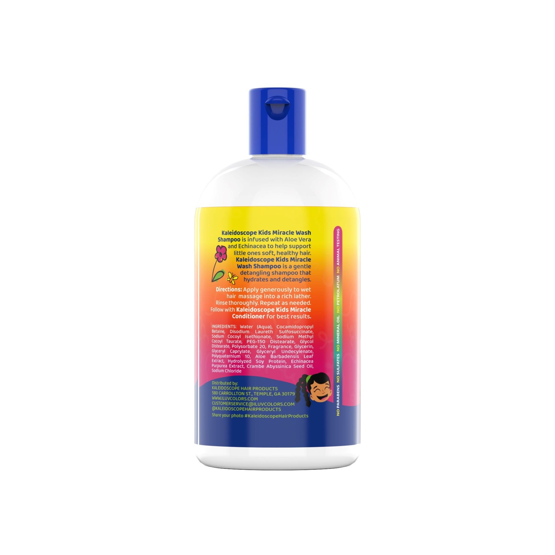 KALEIDOSCOPE bottle of miracle wash detangling shampoo with rainbow gradient label and blue cap showing back label