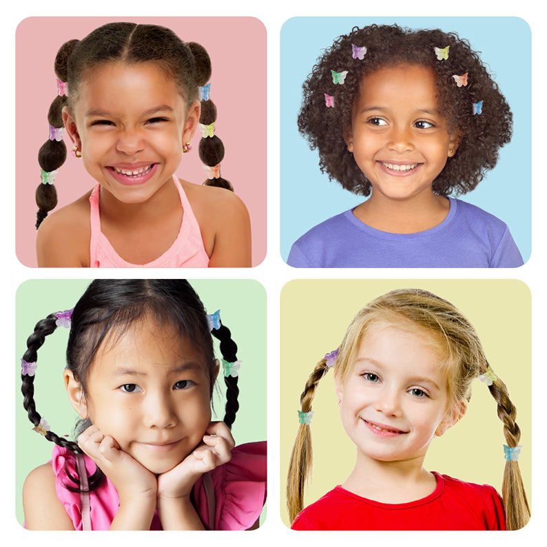 Kids wearing colorful kids butterfly hair clips styled in braids and curly hair for playful looks