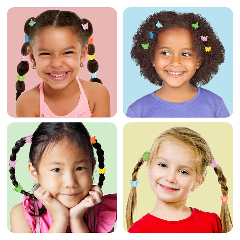 Kids butterfly hair clips in various colors worn by smiling girls with different hairstyles