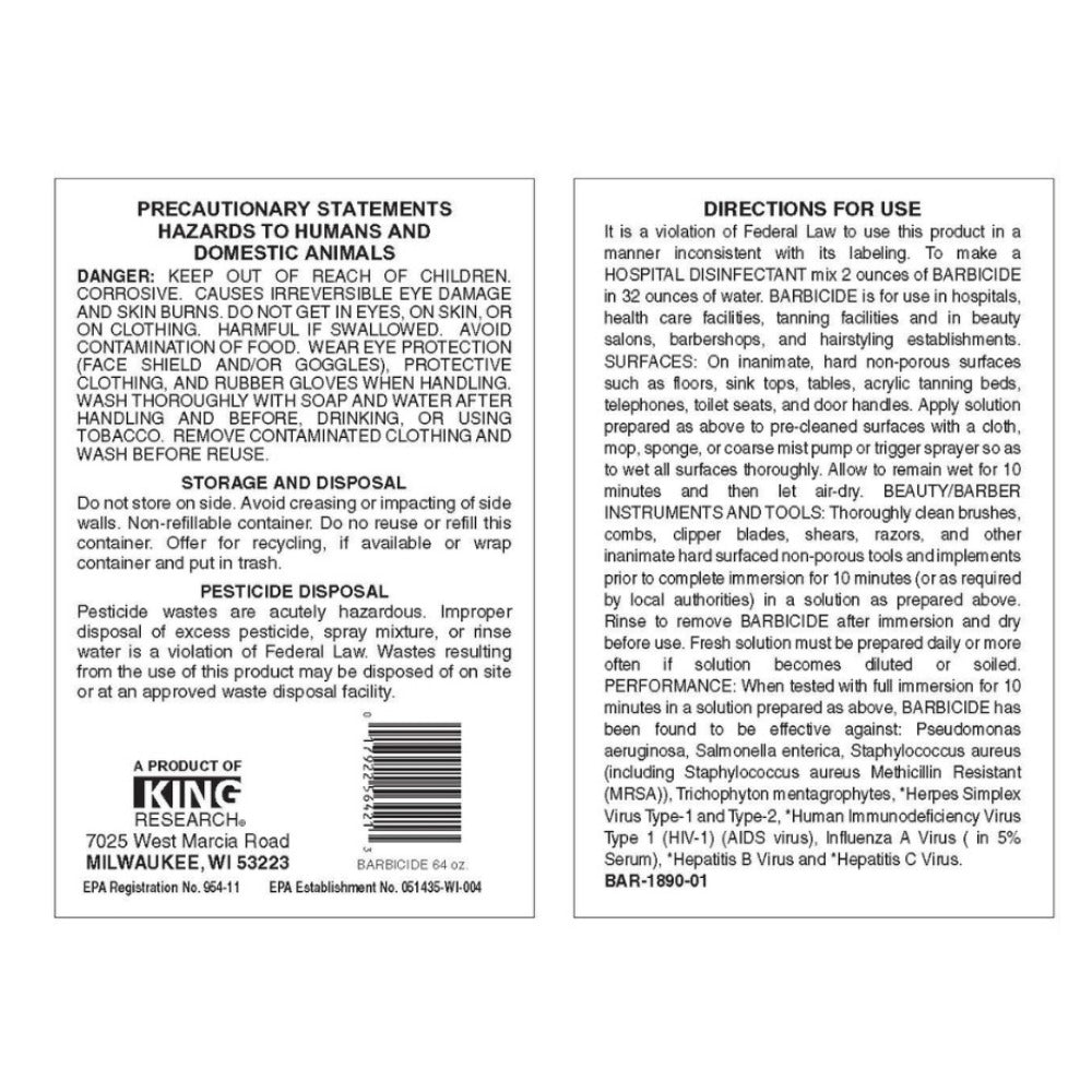 Barbicide disinfectant solution label showing precautionary statements and directions for salon use