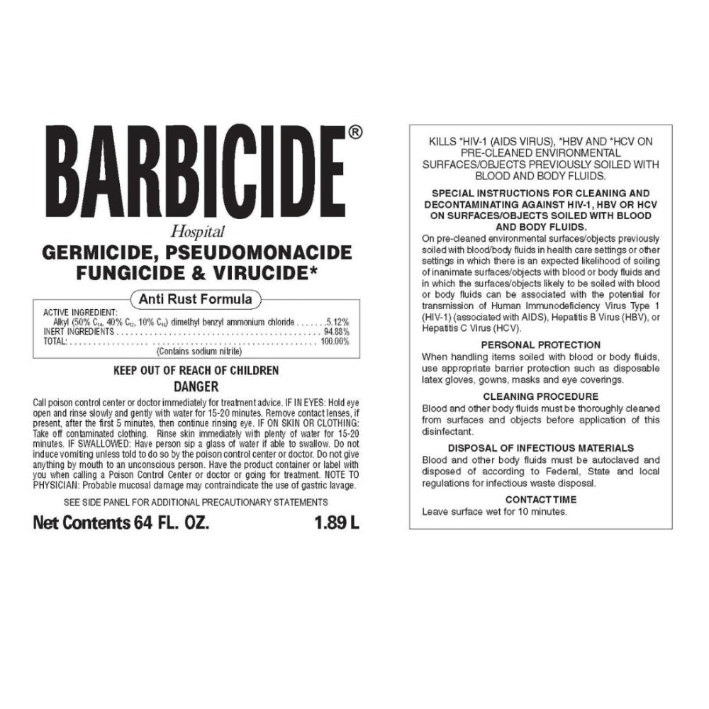 Barbicide disinfectant solution 64 fl oz bottle label showing germicide pseudomonacide fungicide and virucide