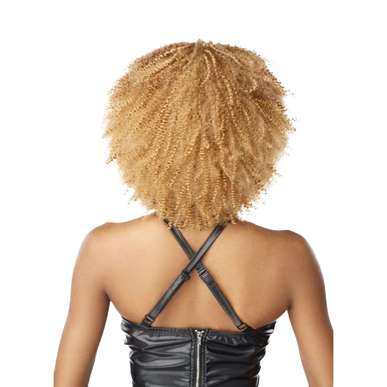 Sensationnel kinky curly human hair bundles styled in voluminous blonde afro on model back