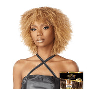 SENSATIONNEL kinky curly human hair bundles shown with a model wearing blonde curly hair