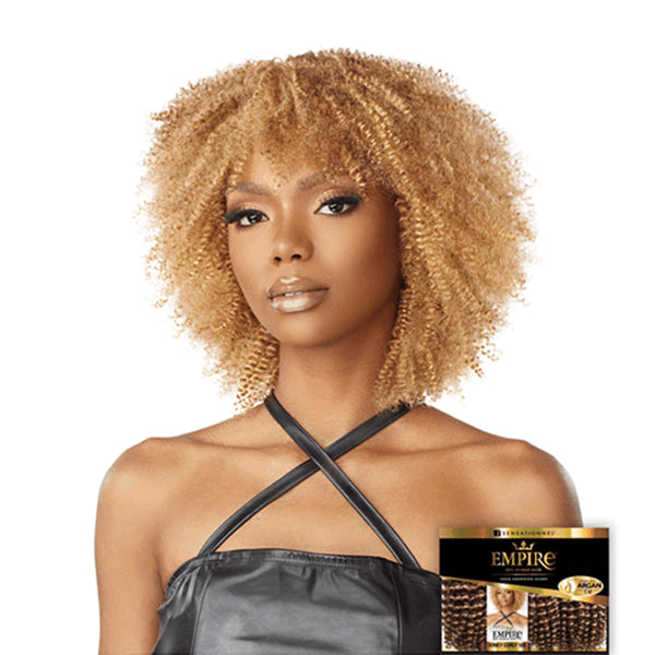 SENSATIONNEL kinky curly human hair bundles shown with a model wearing blonde curly hair