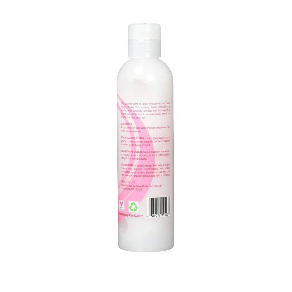 KINKY-CURLY leave-in detangler for curly hair in white bottle with pink label and flip cap