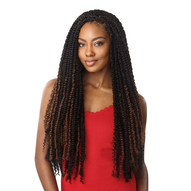 OUTRE braided kinky passion twist hair extensions styled on a woman with ombre black to brown curls