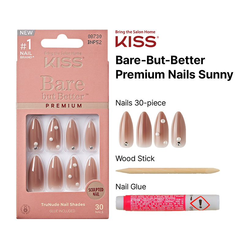 IVY BEAUTY by KISS Kiss Bare But Better nails premium 30 piece nude almond press on set with rhinestone accents and glue