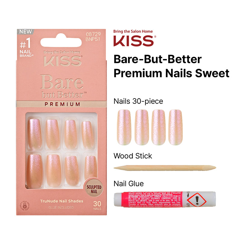 Kiss Bare But Better nails premium peach shimmer 30 piece press on set with nail glue and wood stick