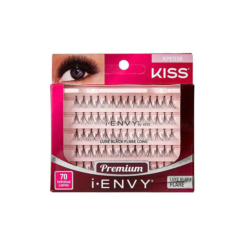 IVY BEAUTY by KISS packaging showing Kiss Ienvy Luxe Black Flare Long lashes. 70 individual black flare clusters