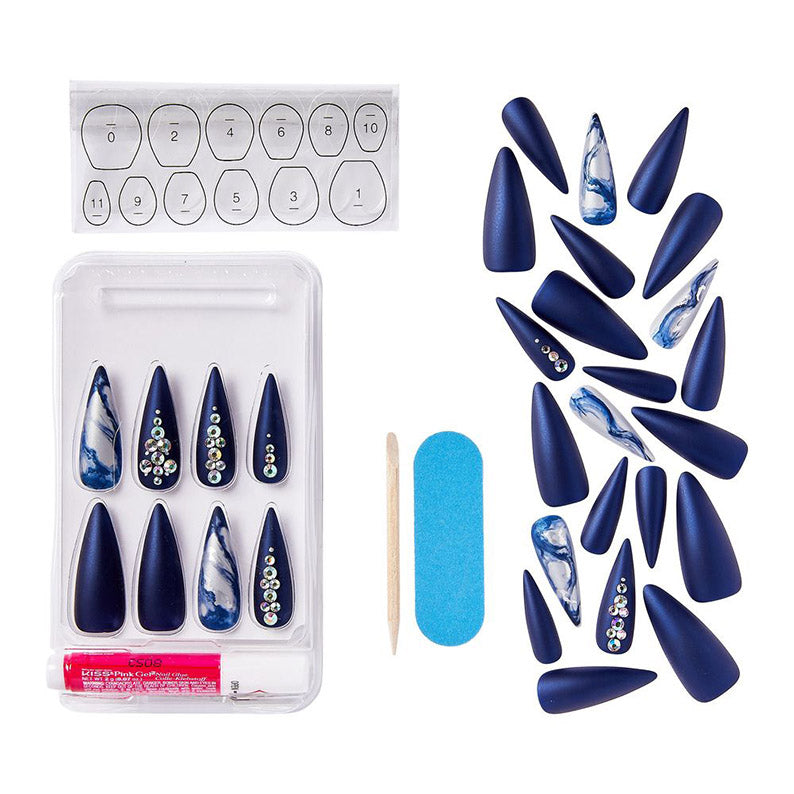 Kiss Masterpiece XL nails navy matte stiletto press on set with blue marble accents rhinestones glue file