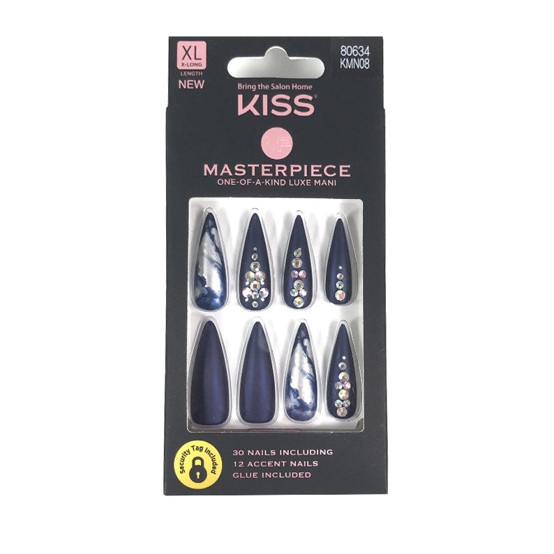 Kiss Masterpiece XL nails navy stiletto press on set with marble and rhinestone accent nails in packaging