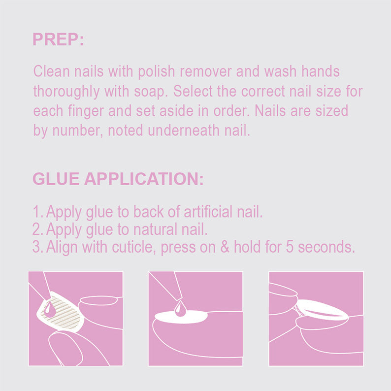 Kiss nude press on nails instruction card showing prep and glue application steps with illustrations