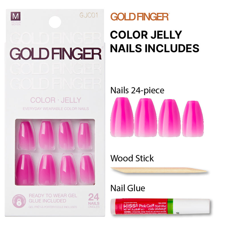 IVY BEAUTY by KISS packaging showing Kiss Gold Finger jelly nails pink press on set 24 pieces with wood stick and glue