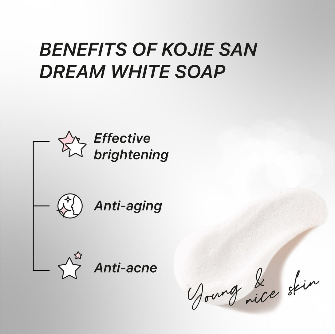 KOJIE SAN Dream White Soap benefits image showing effective brightening anti aging and anti acne cream texture smear